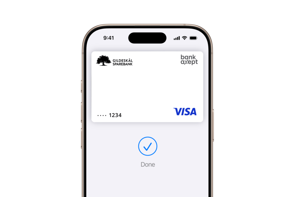IPhone viser et digitalt betalingskort med bekreftelse 'Done'.